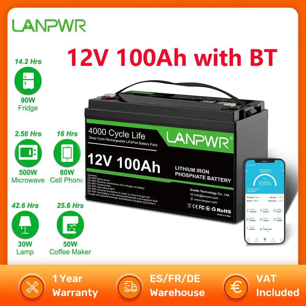 LANPWR 12V 100Ah LiFePO4 Lithium Battery with Bluetooth Power Supply 1280Wh Power 4000+ Cycles For RV Camping Trolling Motor