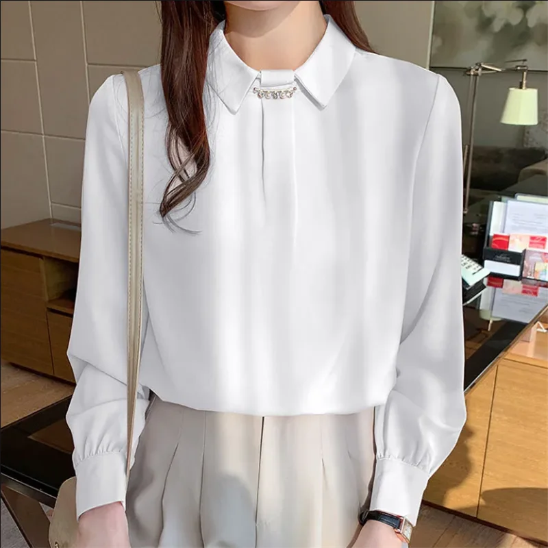 Pullover Shirt For Women Blouses Professional Chiffon Tide Woman Clothes Shirt Nail Bead Blouse Solid Color Autumn Clothes Shirt