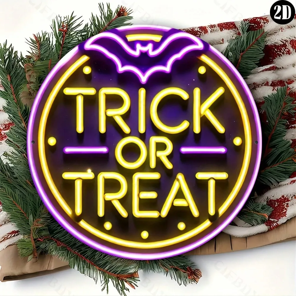 ديكور الهالوين "خدعة أو علاج" نيون 8x8 بوصة علامة معدنية مستديرة - لوحة فنية جدارية متينة من الألومنيوم للمنزل والمكتب وغرفة المعيشة في الأماكن المغلقة