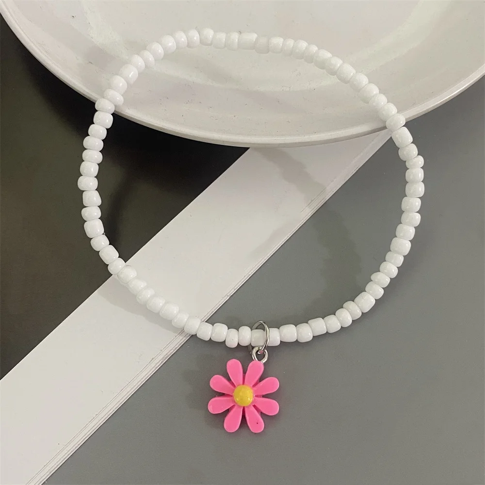 New Fresh Flower Anklet for Spring Summer Beach White Color Seed Beads Handmade Elastic Foot Bracelet Gift Jewelry