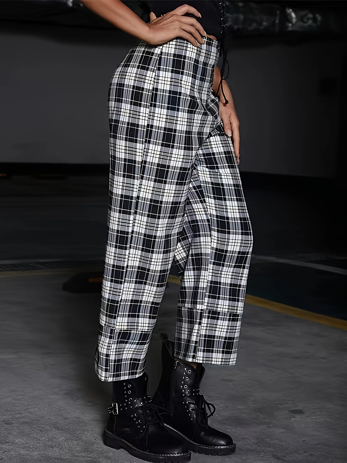Plaid Pattern Straight Leg Pants Casual  Versatile High Waist Pants For Spring  Summer Women's Clothing