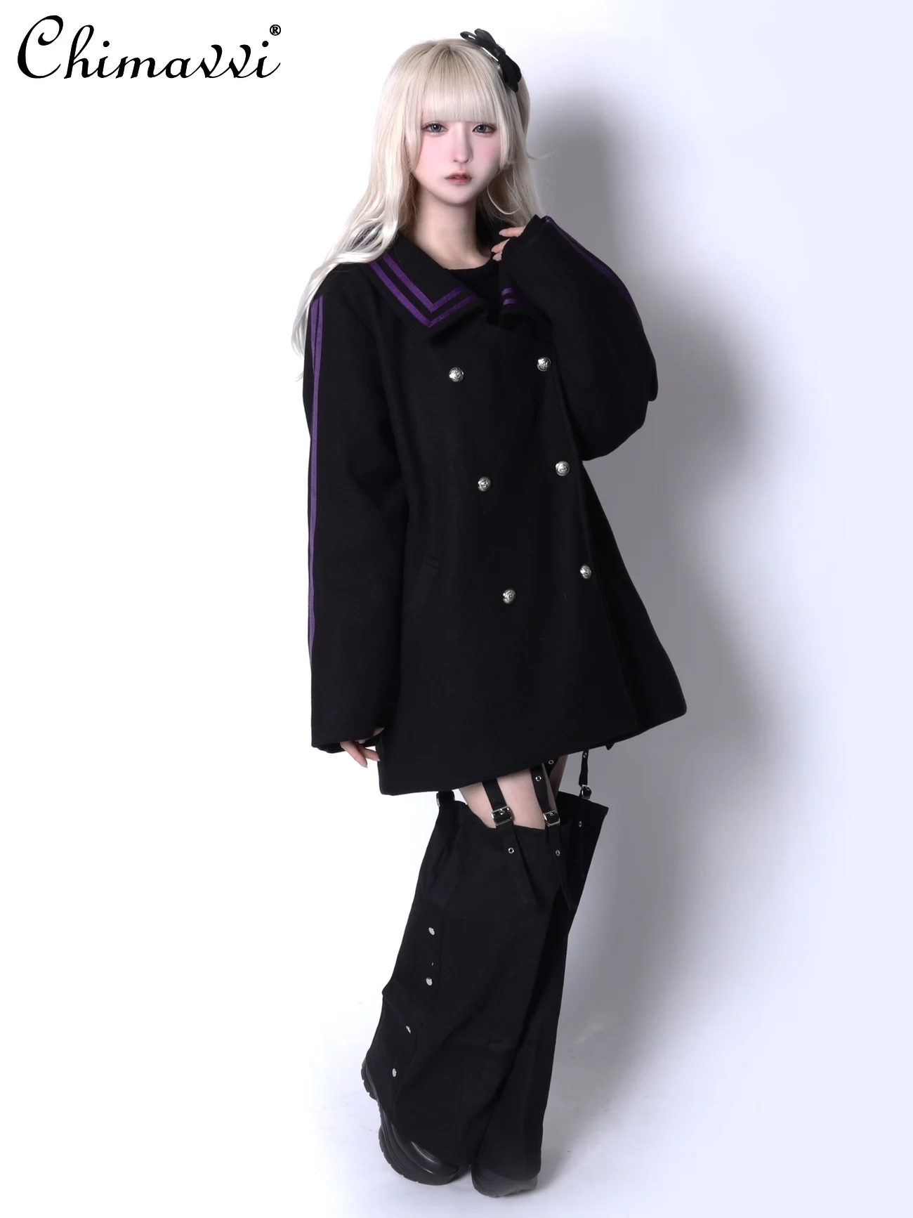 Japanese Mine Series Mass-produced Long-sleeved Loose Jackets Women Autumn and Winter New Subculture Double-breasted Cloak Coat