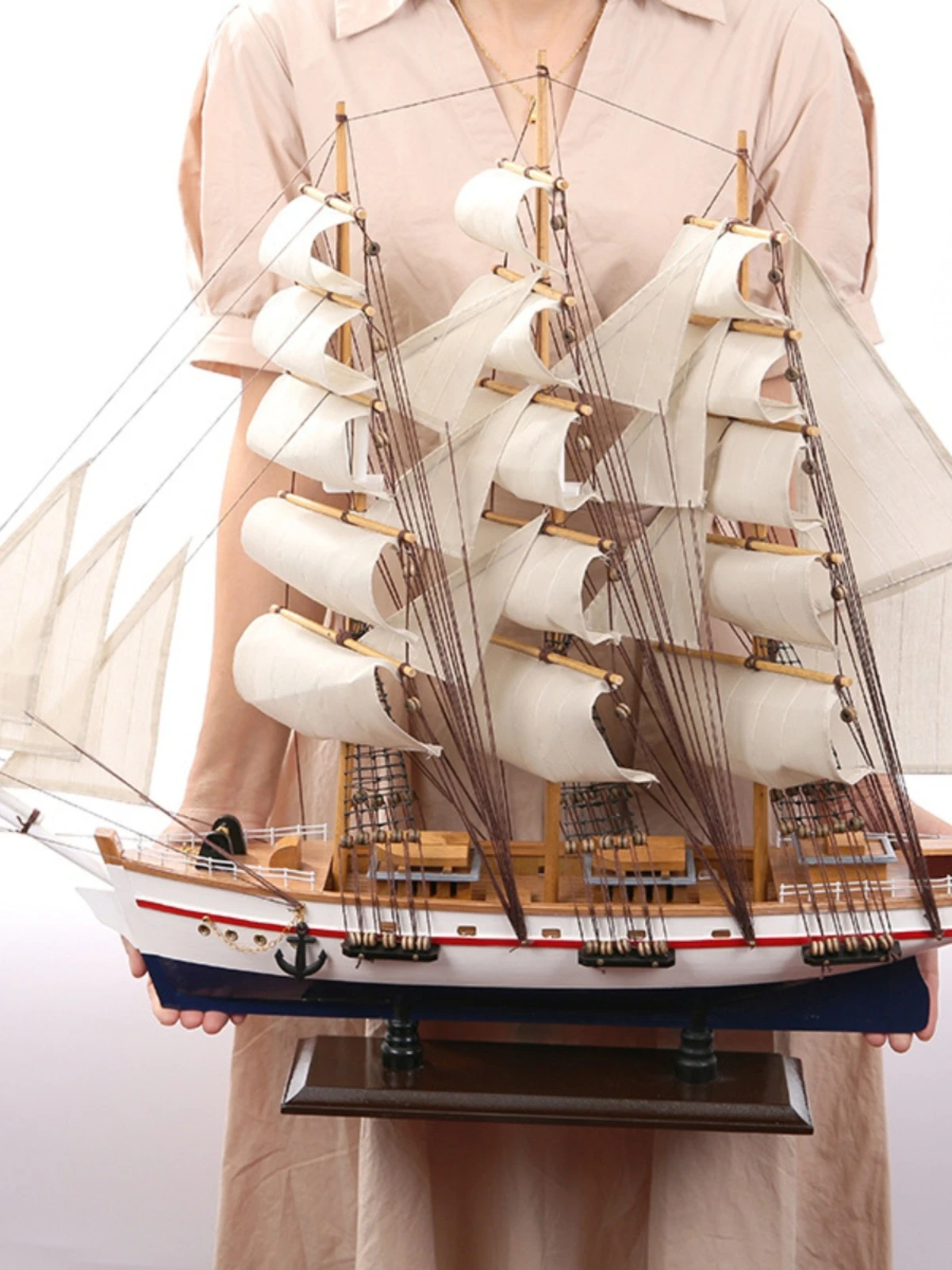 Solid wood large sailboat model handicraft ornament, living room decoration, wedding gift, smooth sailing ornament