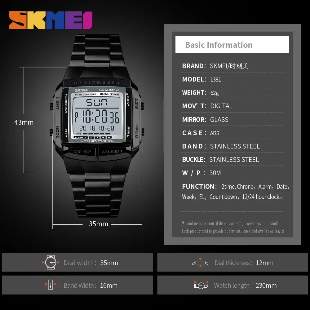 SKMEI 1381 Sports Watch Men Digital Alarm Clock Countdown Watch Large Dial Glass Mirror Clock Fashion Outdoor Relogio Masculino