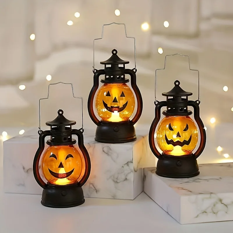 Zucca lanterna a sospensione luce LED Halloween Ghost Lamp Candle Light Retro piccola lampada a olio Halloween Party Home Decor puntelli Horror