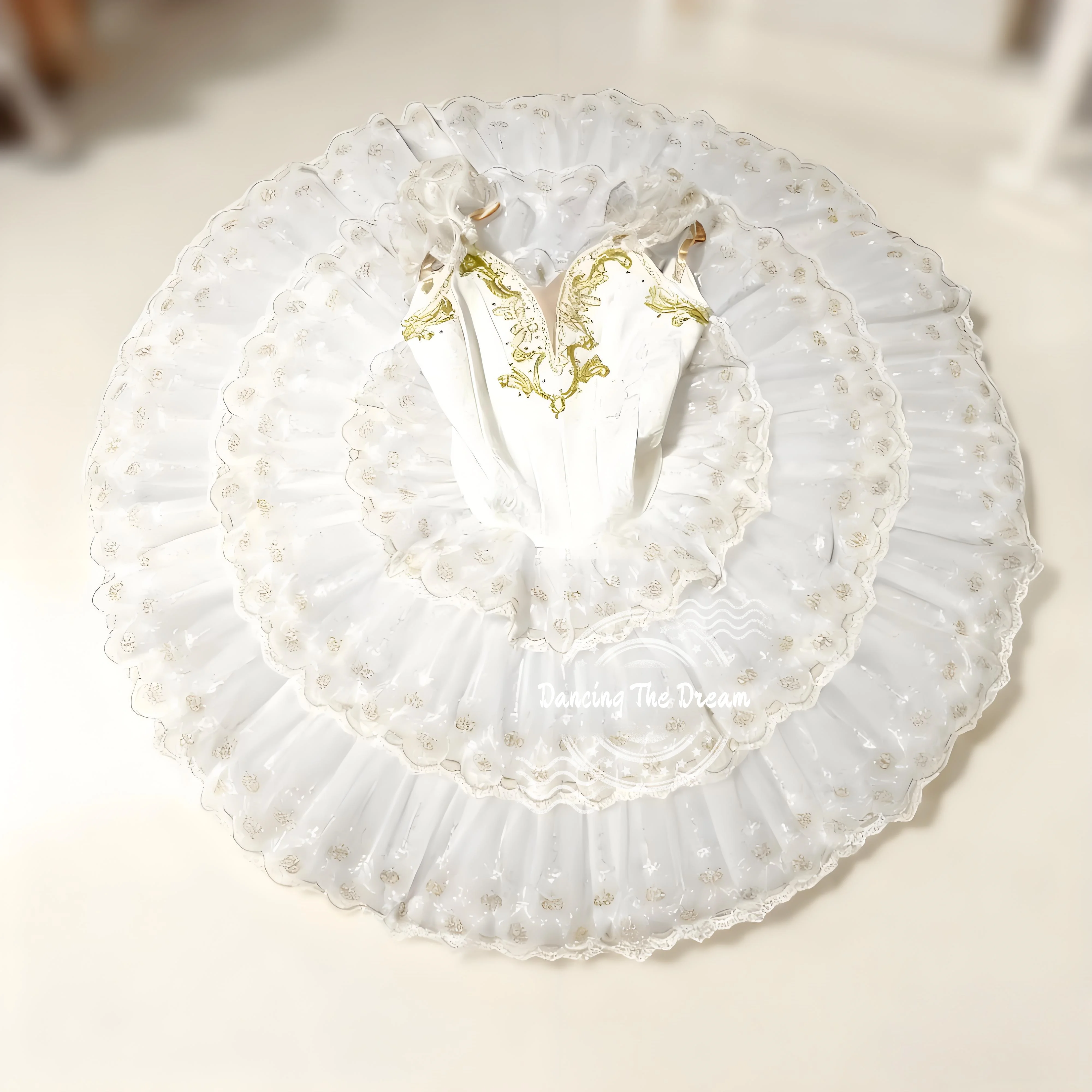 Fantasia de tutu de balé com bordado floral branco e dourado para meninas, roupa de dança elegante para performance e recital