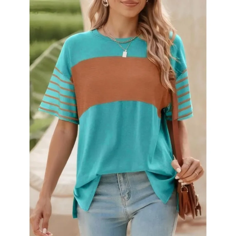 

Женская повседневная футболка больших размеров с круглым вырезом в полоску, цветной топ с короткими рукавами, универсальная свободная футболка с короткими рукавами и цветными блоками