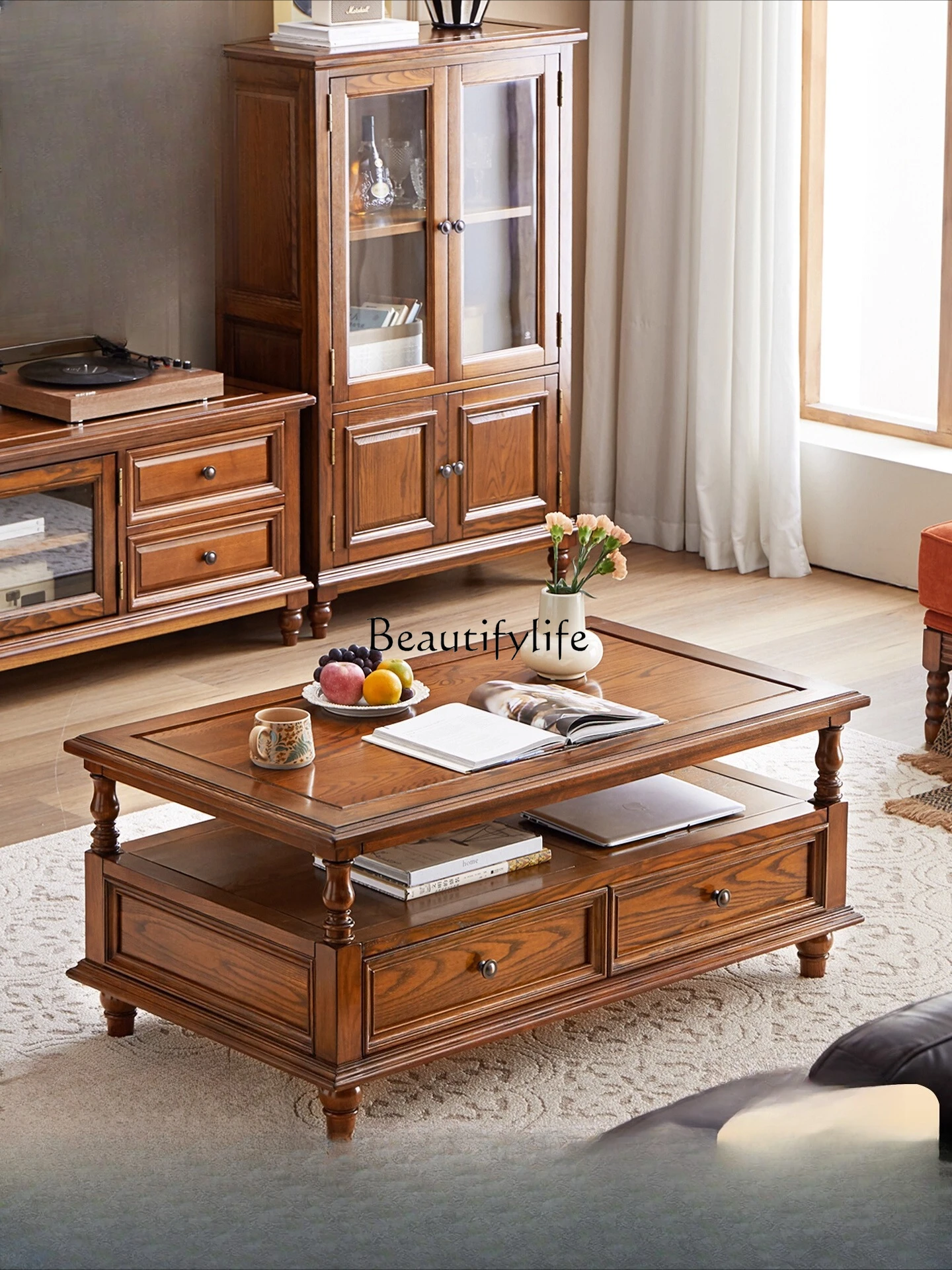 

Pure log retro living room coffee table combination, antique coffee table, all solid wood FAS grade ash wood