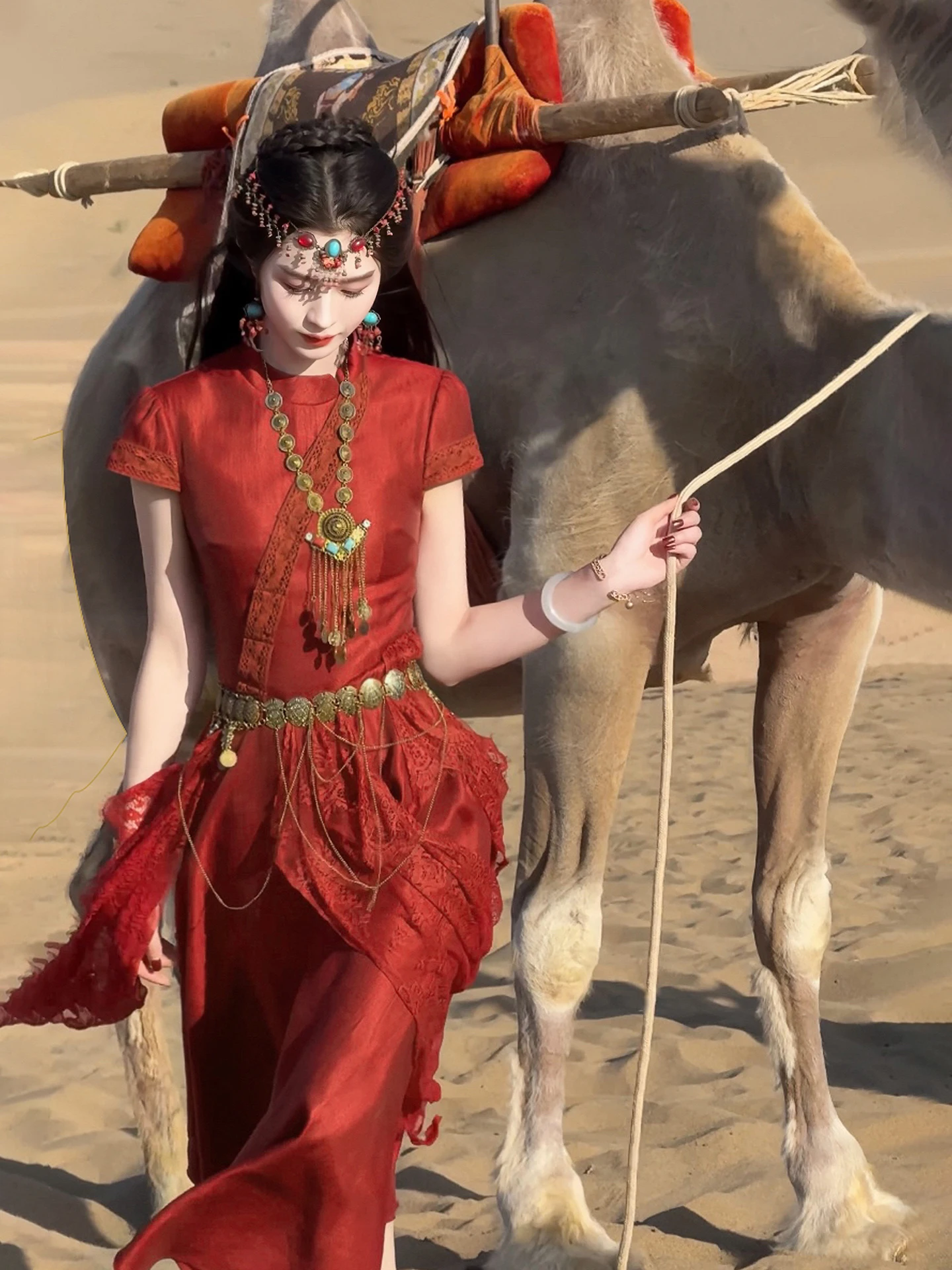 東湖慈燕 新中国風レースプリント改良版 レディース夏用シルク レトロ風ミディ丈旗袍またはSve L...