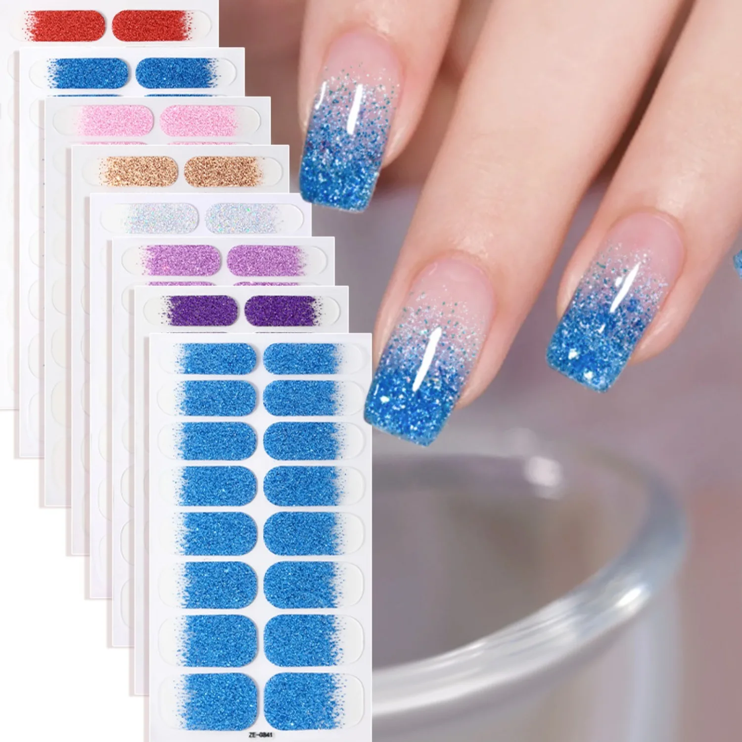 الخبز الحرة ملصقات الأظافر الجملة التدرج بريق ملصقات الأظافر بسيطة للماء مسمار ملصق كامل اللون بلون ملصق #1