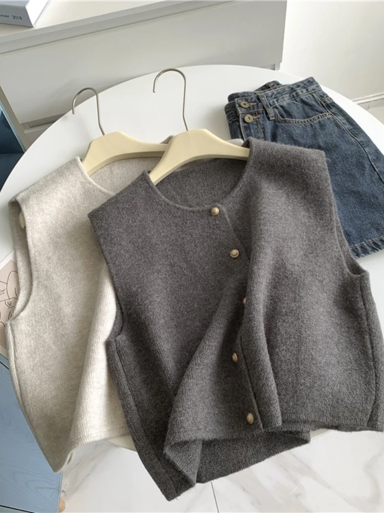 Cárdigan de punto elegante coreano para mujer, suéter sin mangas de una sola botonadura, Tops informales ajustados para mujer, otoño