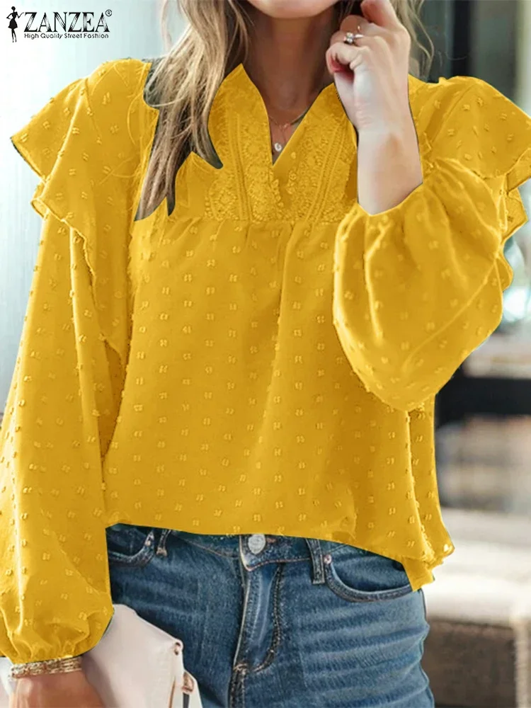 

ZANZEA 2025 Summer Women Blouse Fashion Long Puff Sleeve Tops Casual Loose Vintage Office Ruffled Tunics Holiday Tops Blusas