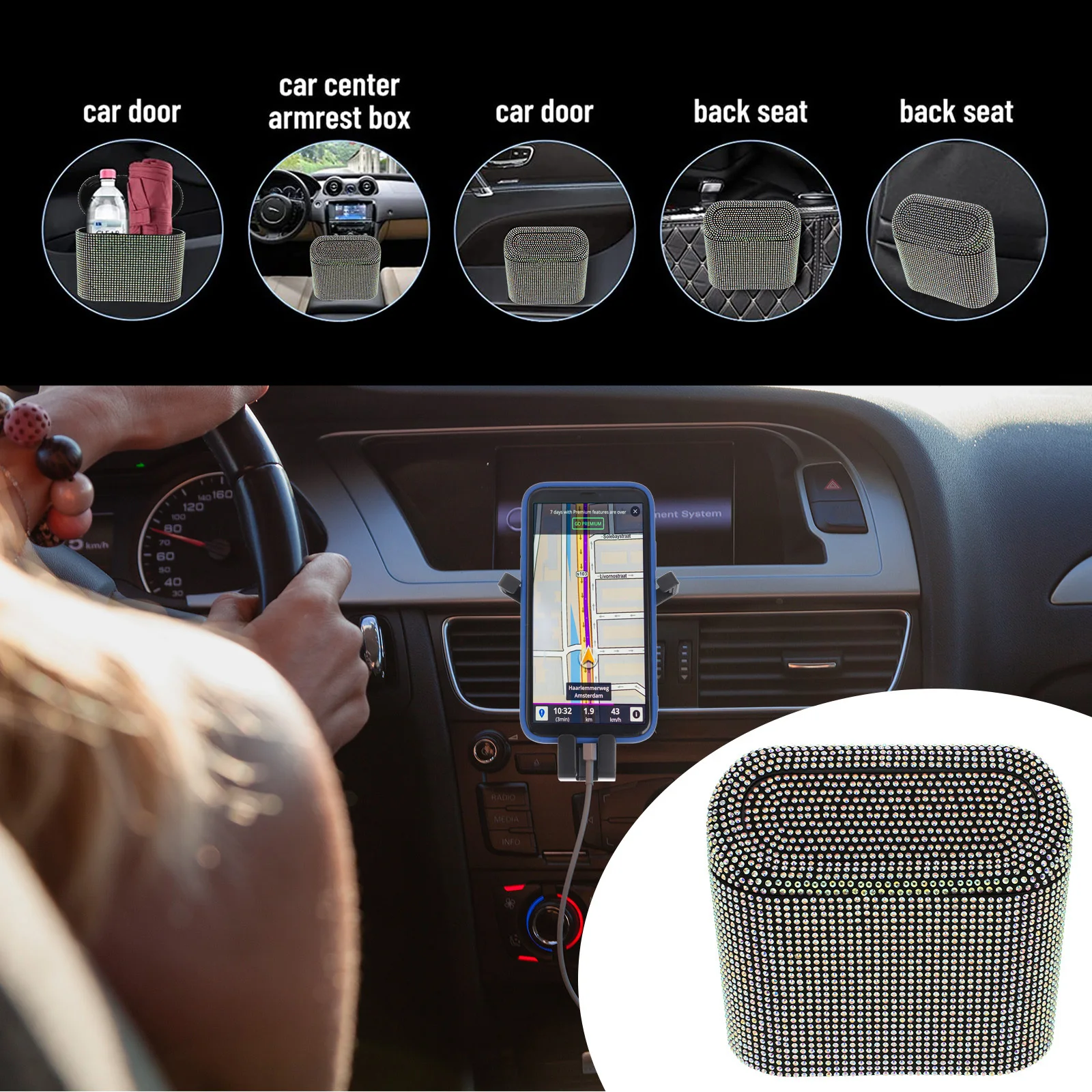 

Portable Car Trash Can Bling Fashion Design Strong Toughness Not Easy to Crack Garbage Bin for Vehicle Storage Organization