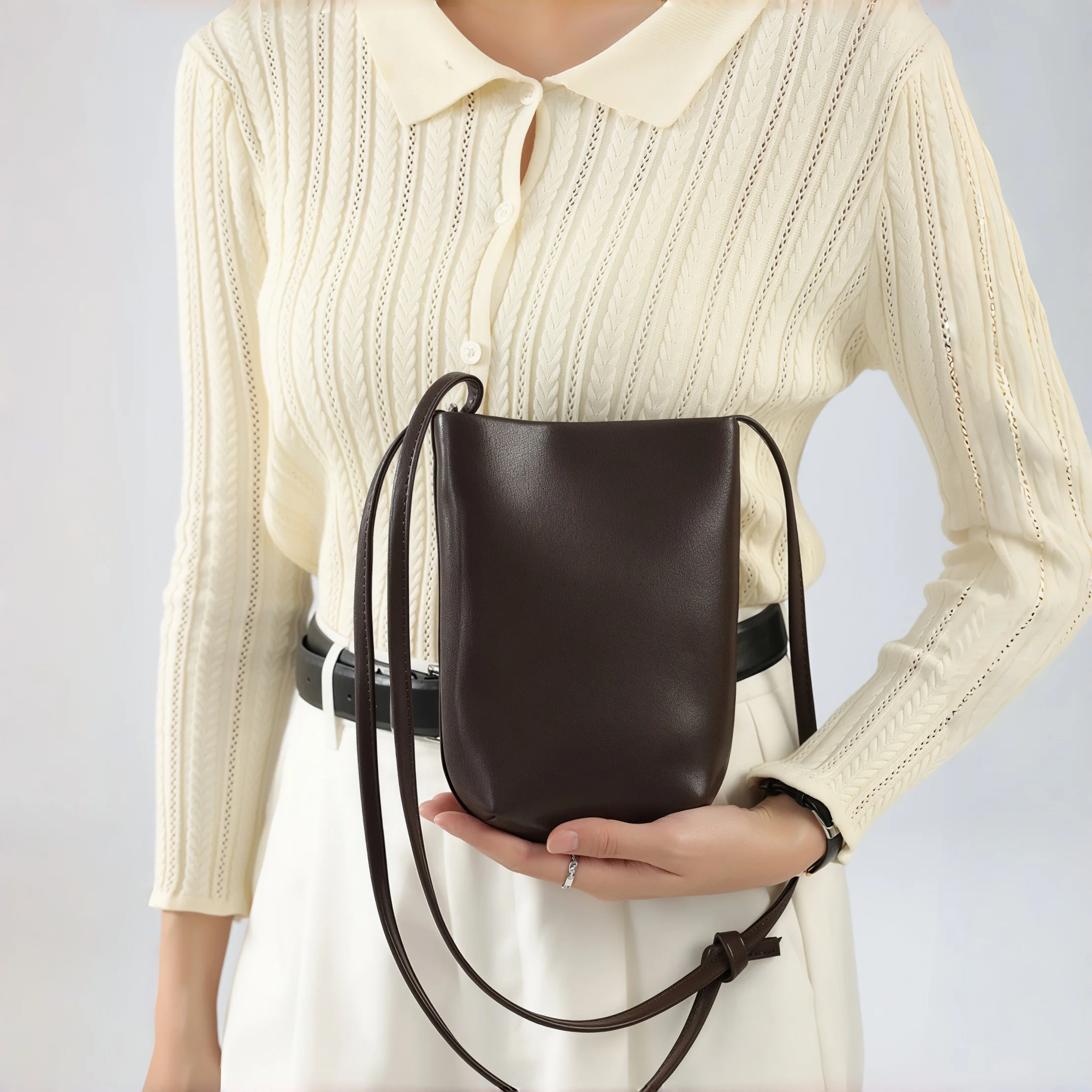 Women Minimalist Small Bucket Crossbody Bag Adjustable Thin Strap Shoulder Purse Simple Daily Commute Phone Handbag