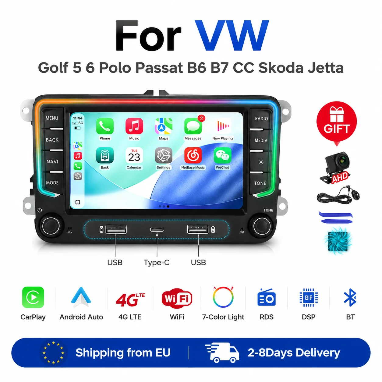 Stock UE Autoradio Stereo Android 15 con Carplay Wireless da 7' per VW Golf 5 6 Passat Polo 6R Touran Tiguan Caddy EOS Jetta Seat Skoda RDS FM BT 4G LTE WIFI