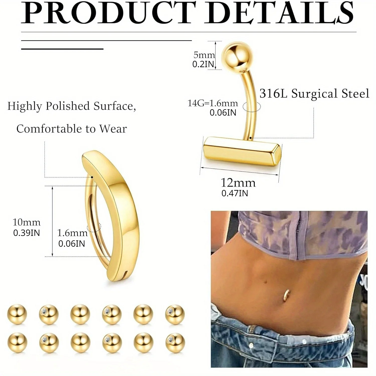 Drperfect-316L Cirúrgico Aço Umbigo Anel Pack para As Mulheres, Curto Umbigo Piercing Jóias, Borboleta Única Navelly Anéis