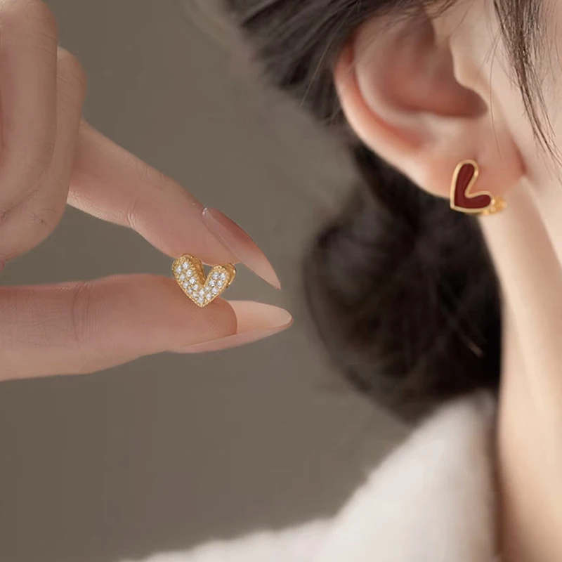 Trendy Hot Sale Red Micro-paved Double-sided Heart Ear Cuffs Niche Light-Luxury High-end Versatile Women's Earrings