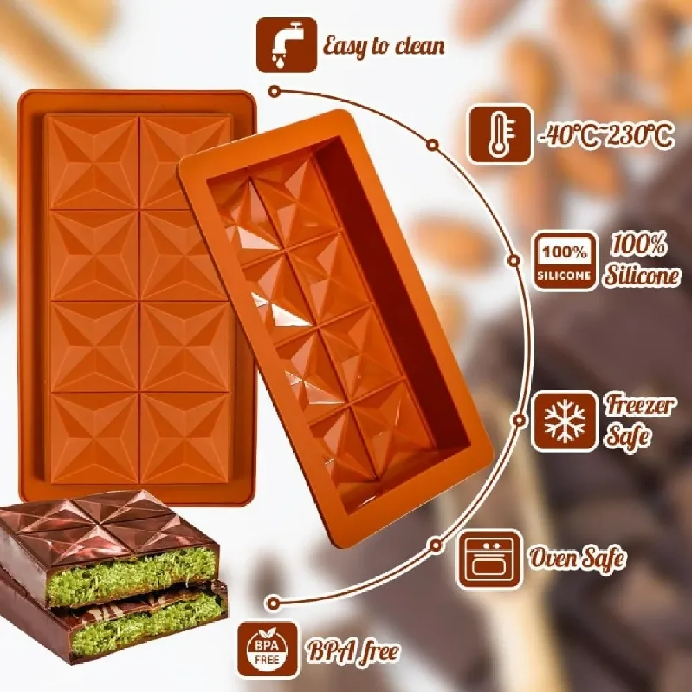 Rectangle Chocolate Bar Silicone Mold Energy Bar Maker for Break Apart Chocolate Diamond Candy Mould with 10Pcs Bags