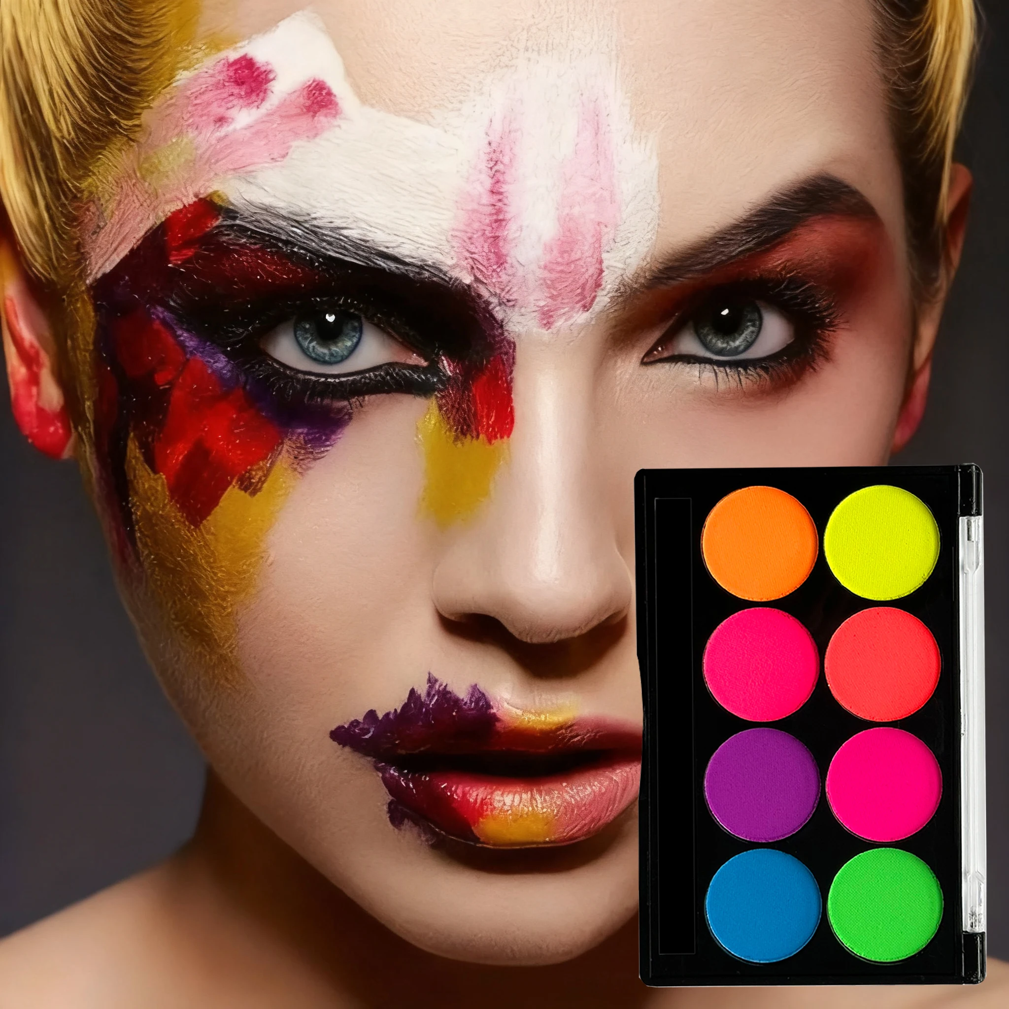 8色水性フェイスペイントキット 蛍光ネオンボディペイント 暗闇で光る 速乾性 ボディスキンコスプレメイク ステンシルとブラシ付き