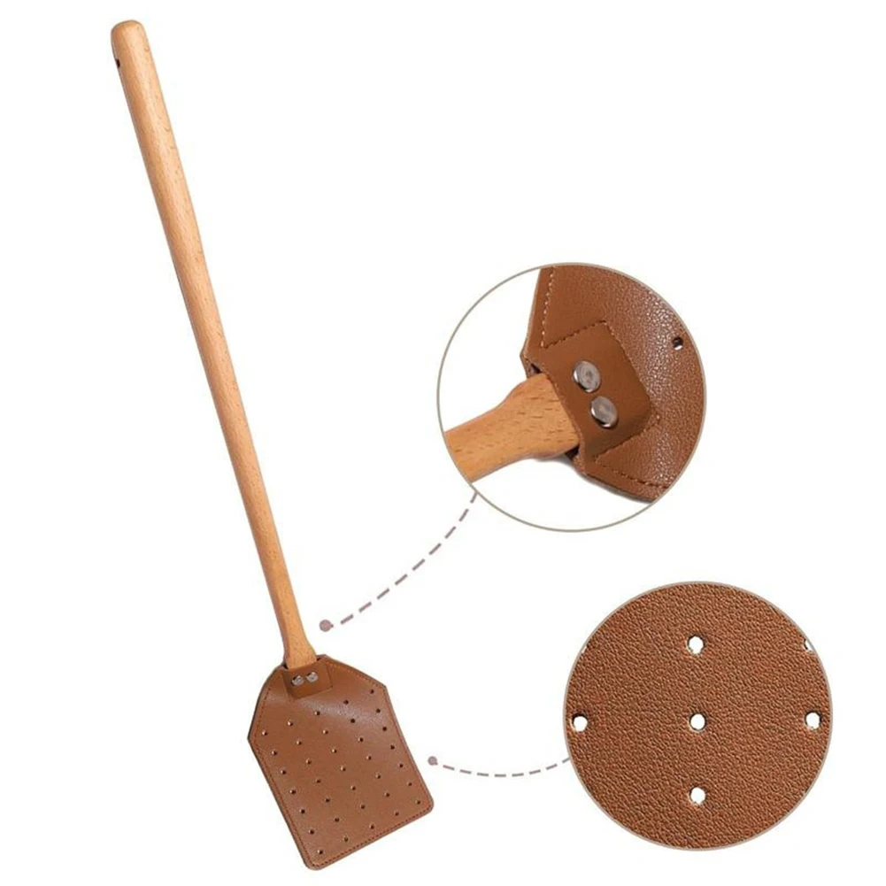 Leather Fly Swatter Mosquito Swatter Heavy Duty Durable PU Leather Fly Swatters With Wooden Handle For Home Outdoor Garden