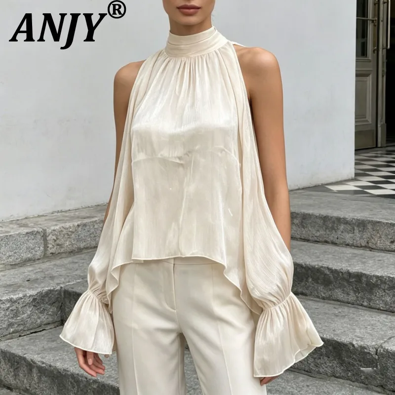 

ANJY Новая женская блузка в корейском стиле на весну-лето, повседневный дизайн, с открытыми плечами, с вырезами, однотонная, с длинным рукавом, модель A22590