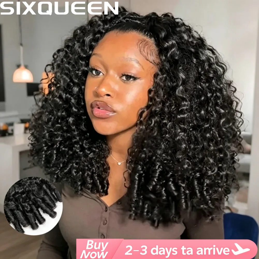 250% Density Burmese Curly Wear Go Half Wig Glueless Human Hair Wig InvisiFit Strap Flip Over Wig with Drawstring Cap Invisible Hairline Beginner-Friendly Seamless Blend