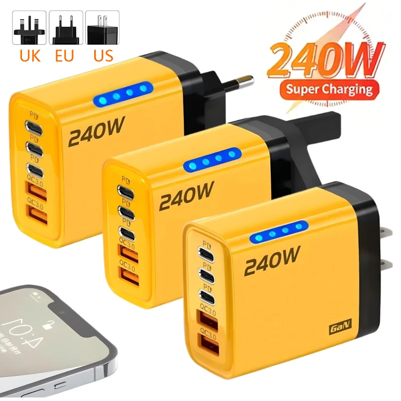 Carregador Rápido Gan de 240w com Luz LED, 2USB+3Type-C, Carregador Multiportas 5 em 1 para iPhone 15-17, Samsung, Huawei, Xiaomi