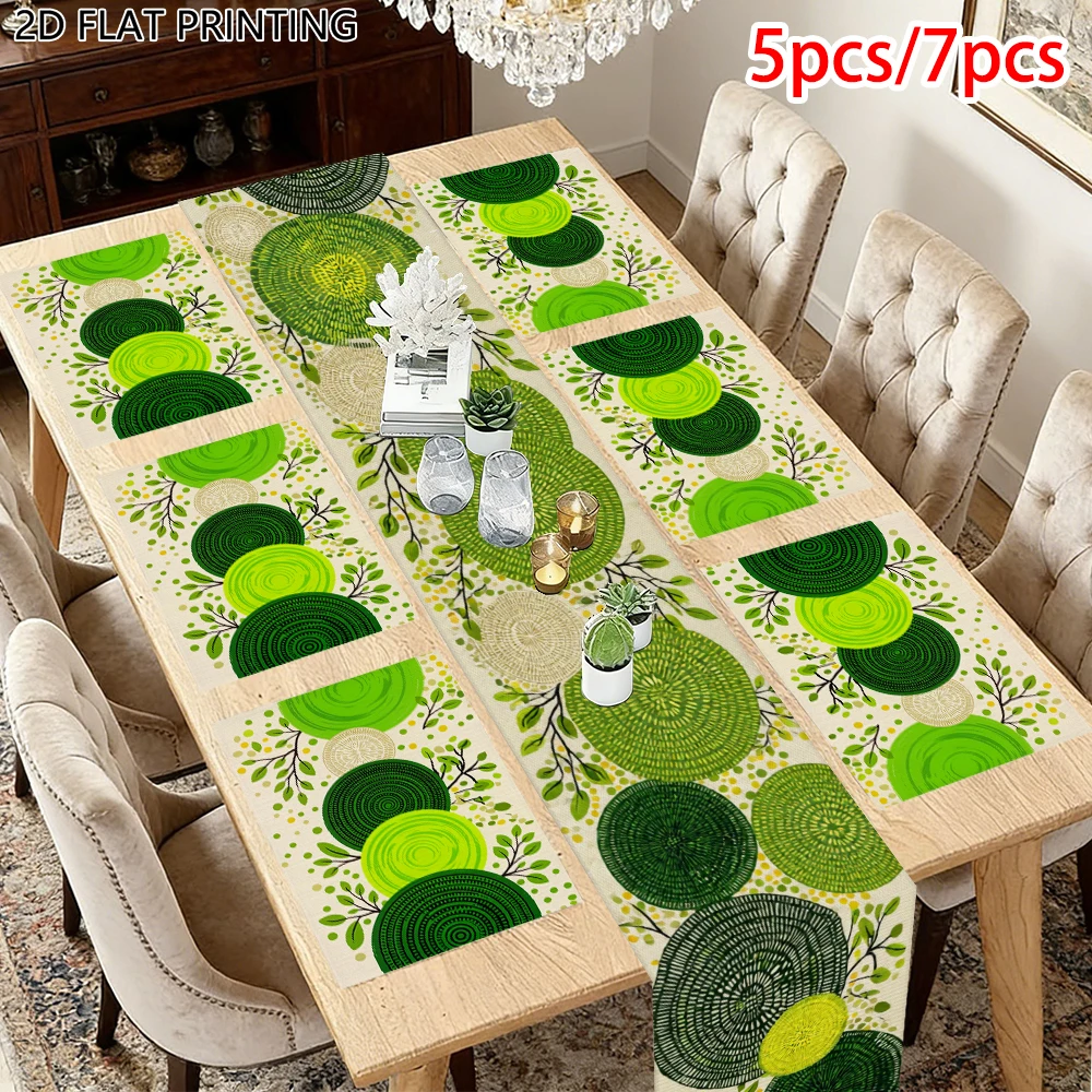 1pc Fresh Green Round Leaf Branch Theme Table Runner and Placemat For Farmhouse Meal Household Decor