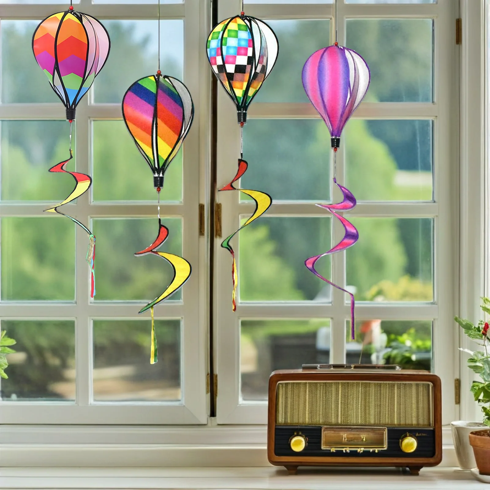 

4pcs Rainbow Hot Air Balloon Hanging Decor Spiral Wind For Garden Outdoor Decoration Windmill
