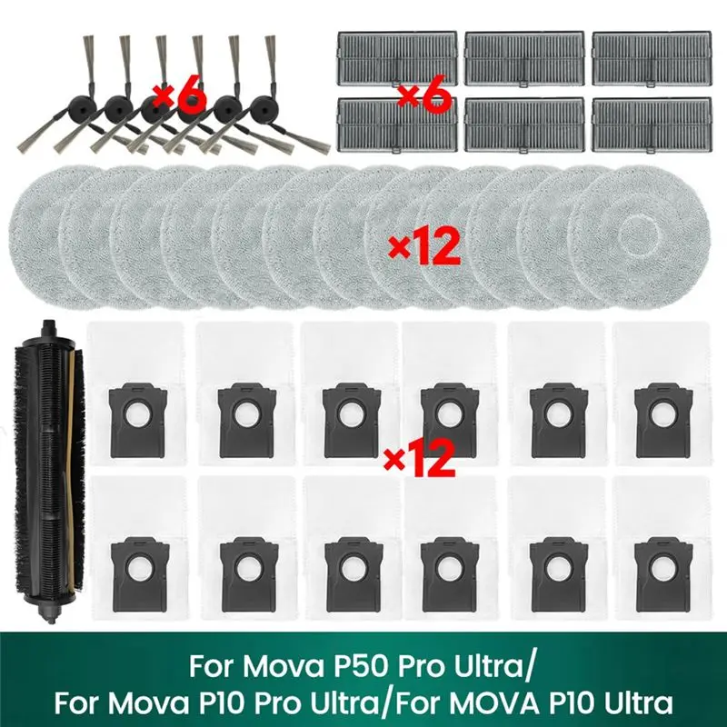 

A84G-Аксессуары для Mova P50 Pro Ultra, Mova P10 Pro Ultra, MOVA P10 Ultra: трёхсторонняя щетка, HEPA-фильтр, тряпка для уборки, мешки для сбора пыли