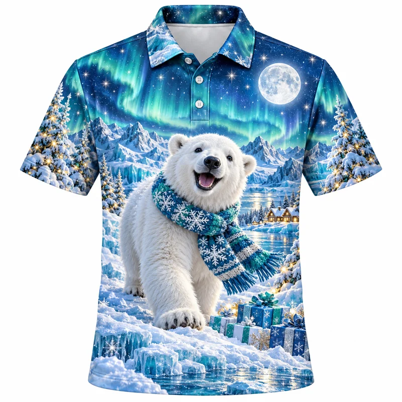 Christmas Polo Shirt for Men Short Sleeve Fox Polar Bear Raccoon Squirrel Cardinal Designs Holiday Party Top