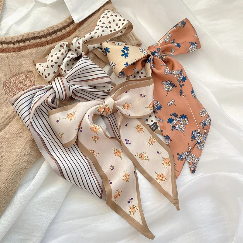 4szt Silk Feel Skinny Silk Scarf Hair Band Women Spring Hair Hand Bag Wrist Bandana Foulard Ribbon Scarves Akcesoria do włosów