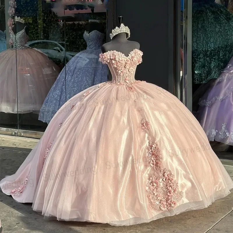 Pink Princess Quinceanera Dresses Off Shoulder Appliques Lace Flowers Floral Sweet 16 Dress Ball Gown vestido de 15 Customized