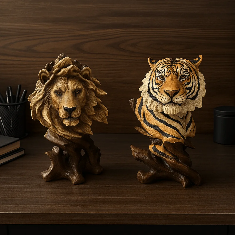 

Crafts Resin Simulation Animal Statue Luxury Retro Tiger Lion Head Ornament Vivid Miniatures Figurine Sculpture Bedroom