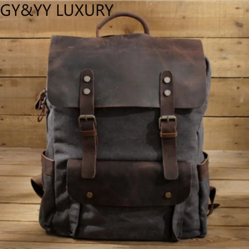 Genuine Leather Vintage Canvas Backpack Men's Women's Academy Style Canvas Crazy Horse Backpack Cowhide School Bag