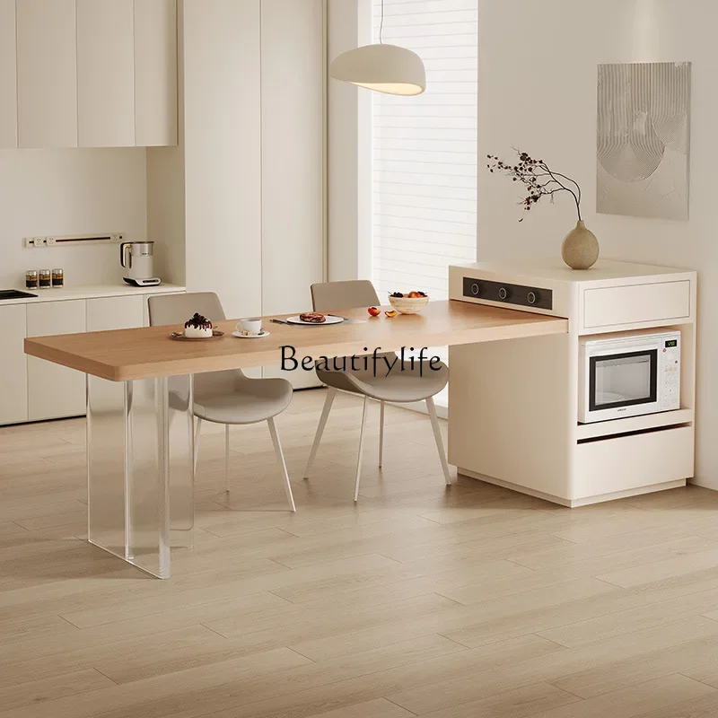 

D33Island table integrated Japanese solid wood cream style log wood grain rock board small household storage retractable