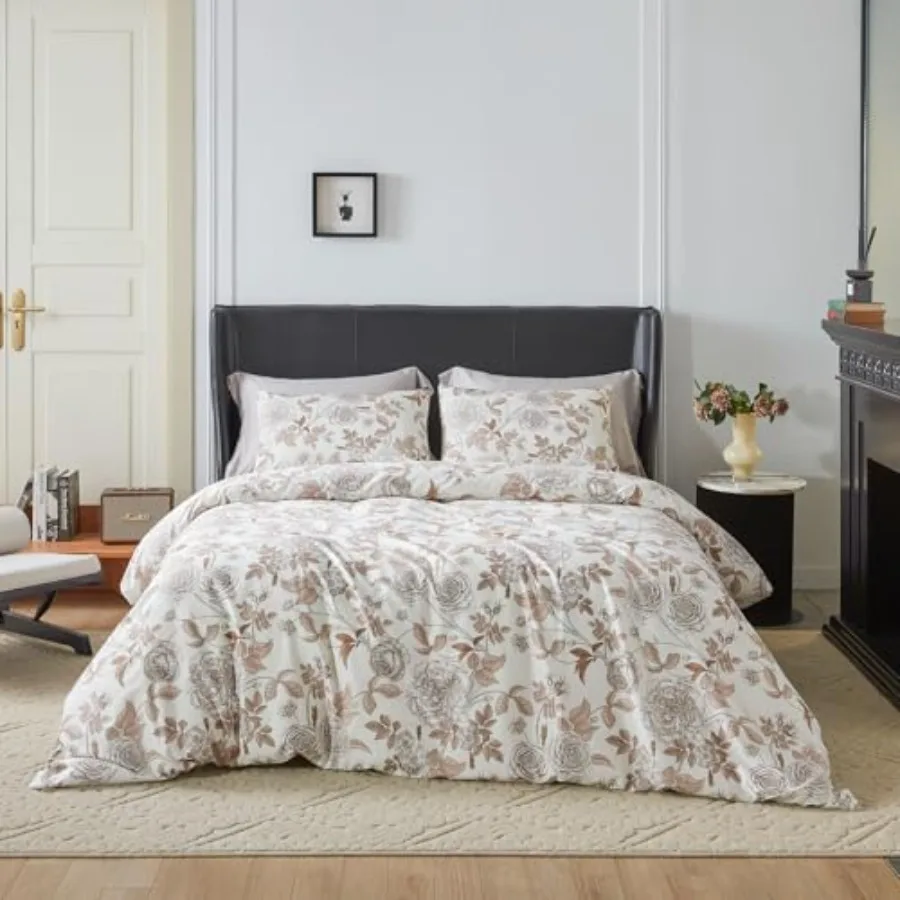 Taupe Duvet Cover 100% Egyptian Cotton 3 Pcs Set 1 Brown Botanical Duvet Cover with Zipper Ties 2 Pillowcases Vintage Plant Flo