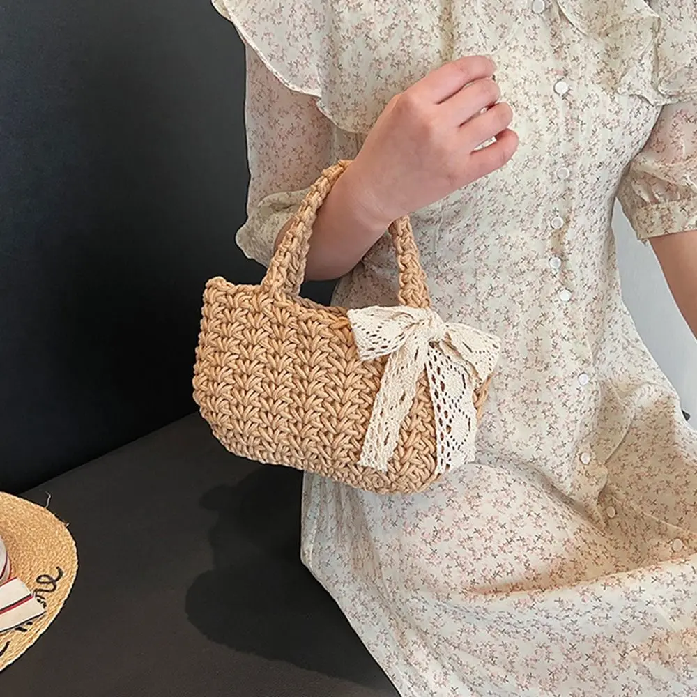 

Trendy Hollow Out Beach Straw Bag Large Capacity Elegant Knitted Handbag Lace Bowknot Tote Braided Underarm Bag Holiday