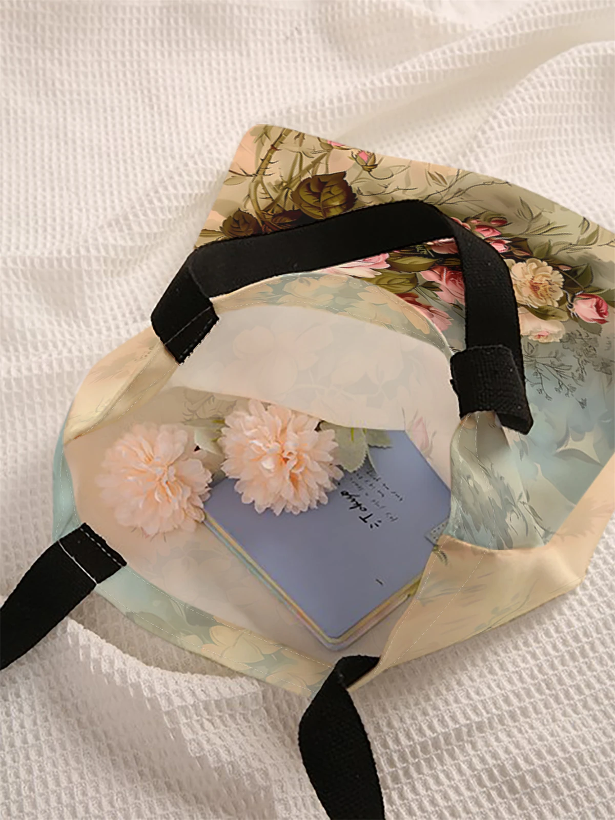Lässige Handtasche mit Rosenmuster bedruckt, wiederverwendbarer modischer Rucksack, multifunktionale Handtasche, Einkaufstasche aus Segeltuch – Detail 4