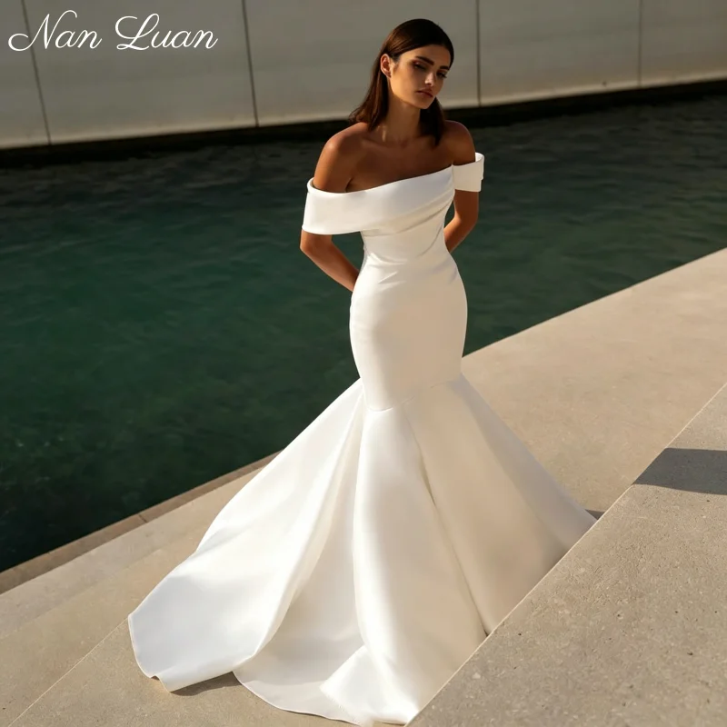 26Styles Off Shoulder Fold Satin Mermaid Wedding Dress Cross Draped Corset Chapel Train Bridal Gown Vestidos de Novia Customized