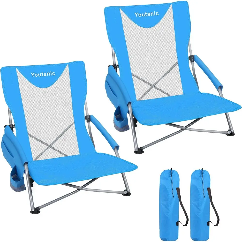 

Portable 2-Pack Beach Chairs with Wide Seats, Cup Holders, and Carry Bag, Up to 350lbs, Blue