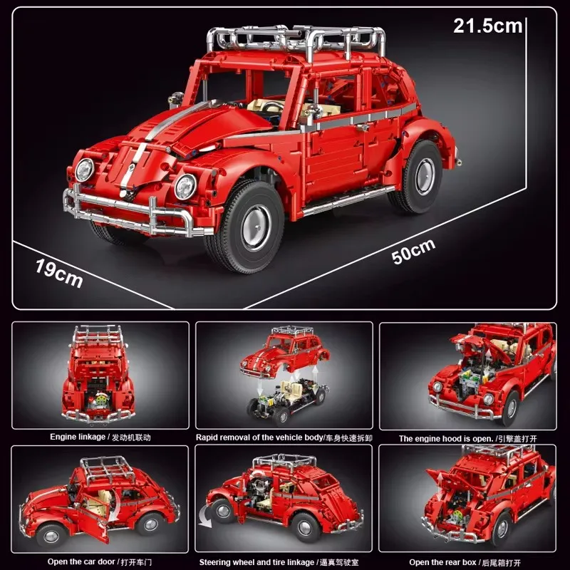 IN MAGAZZINO T5049 MOC Tecnico 1:10 RC Retro Beetle Auto Sportiva Building Blocks Mattoni Assemblaggio Giocattoli per I Ragazzi Regalo Di Natale Set