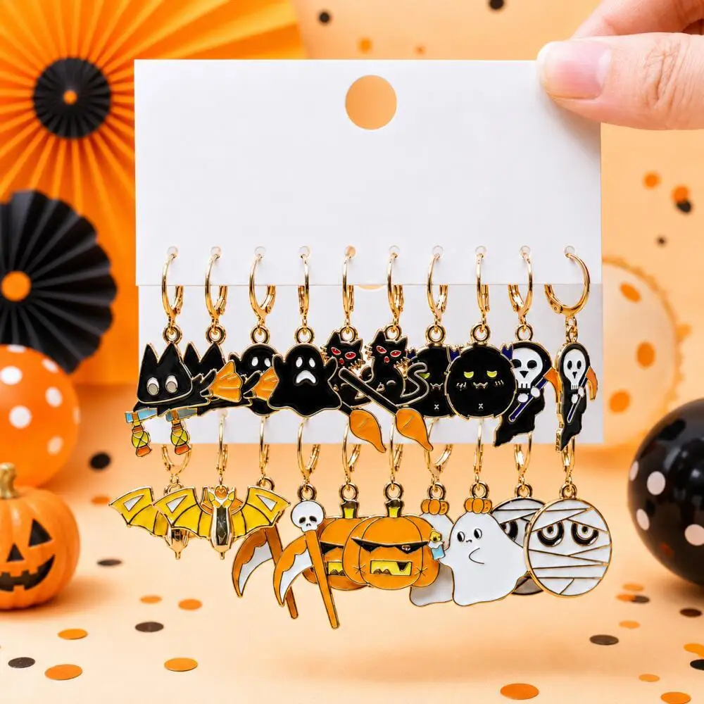 10Pairs Women Halloween Huggie Hoop Earrings Black Cat Bat Pumpkin Ghost Mummy Grim Reaper Spooky Cartoon Cosplay Party Jewelry