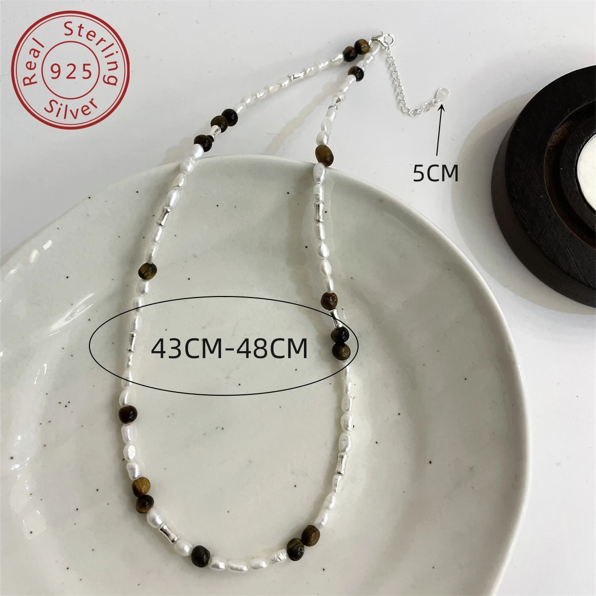 925 silver natural Baroque freshwater pearl tiger eye stone beaded necklace, French retro, simple senior feeling