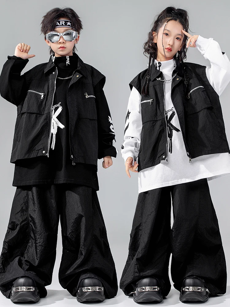 Hip Hop Tanzkostüm Kinder Schwarz Jazz Performance Outfit Oversize Top Shuffle Hose Jungen Mädchen Mode Street Dancewear 4612