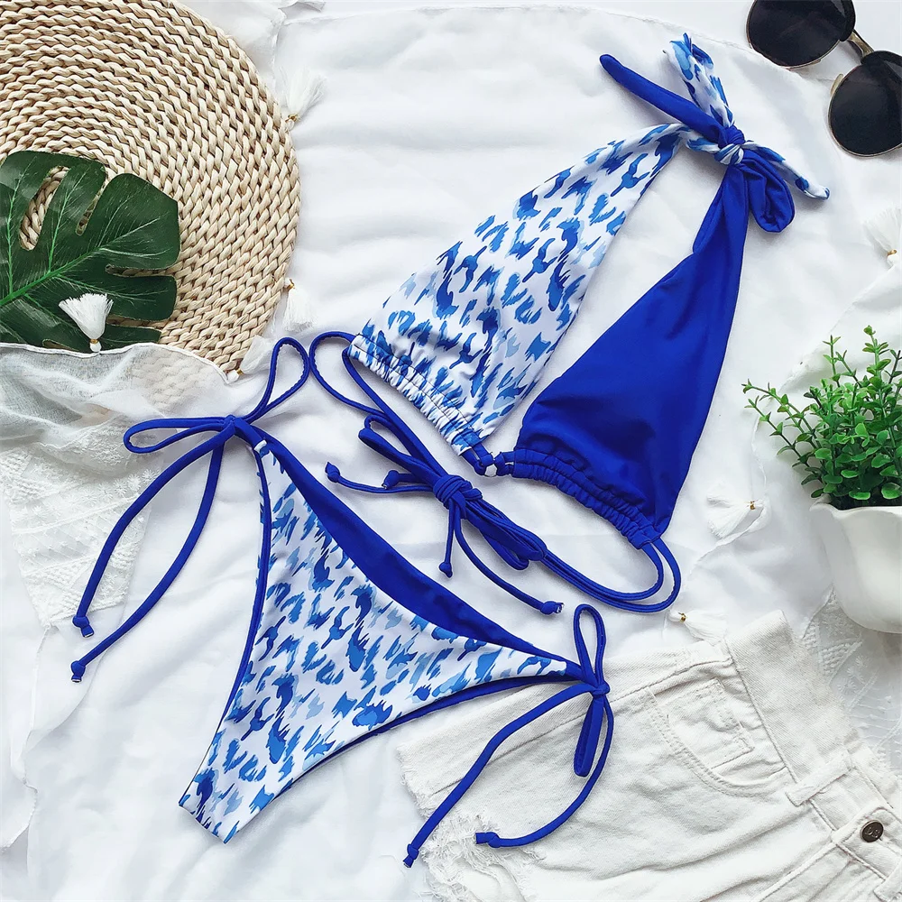 섹시한 프린트 비키니 백 레스 붕대 홀터 매듭 수영복 가역 가죽 끈 패치 워크 수영복 여성 비치 복장 수영복