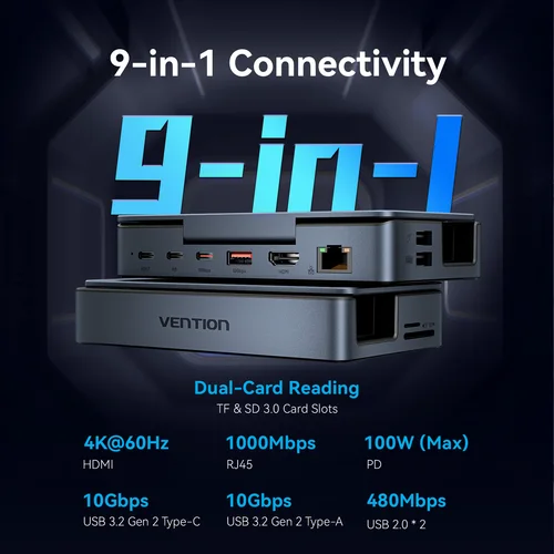 Imagen 2 del producto Estación de acoplamiento Vention USB C para Steam Deck HDMI 4K60Hz USB 3,2 10Gbps RJ45 SD y TF para Switch Asus ROG LEGION Go iPhone HUB