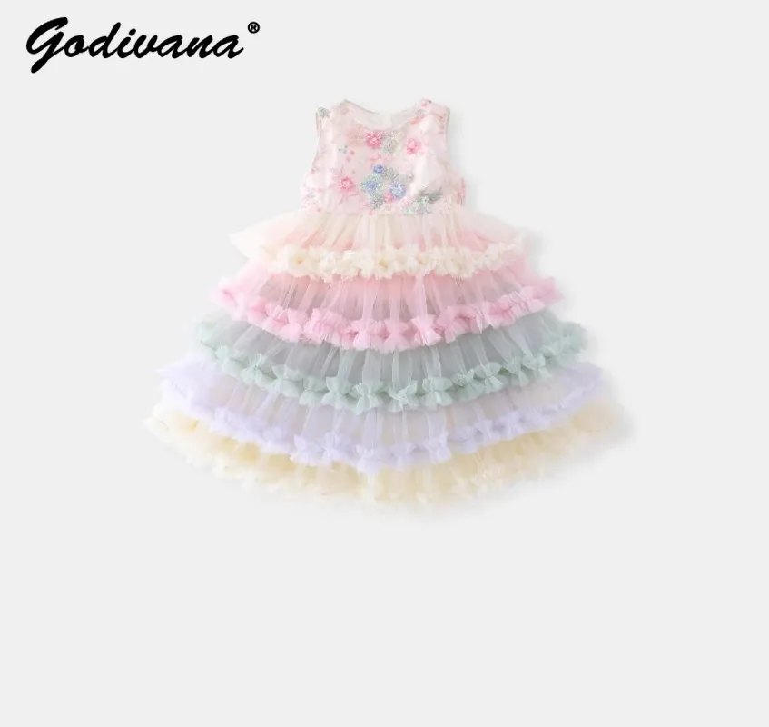 

Cute Baby Girls Sleeveless Vest Princess Dress 2026 Summer New Mesh Patchwork Rainbow Dress Sequined Birthday Party Kid Dresses