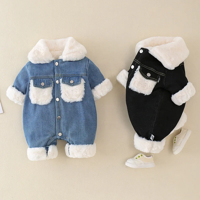 Infant Denim Jumpsuit Fall Winter Fleece Coat Newborn Baby Thick Warm Fur Collar Cotton Romper Children Handsome Outdoor Clothes