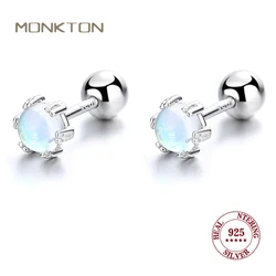 Monkton Natural Moonstone 925 Sterling Silver Stud Earrings for Women Round Moonstone Earrings Jewelry Gift for Women Girls